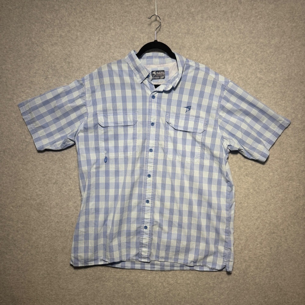 Bimini Bay Outfitters Mens XL Blue White Plaid Fishing Shirt Short‎ Sleeve Vent